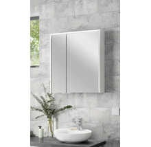 Armoire de toilette à deux portes avec éclairage LED au-dessus d'une vasque à poser dans une salle de bains moderne et lumineuse.