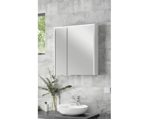 Armoire de toilette à deux portes avec éclairage LED au-dessus d'une vasque à poser dans une salle de bains moderne et lumineuse.