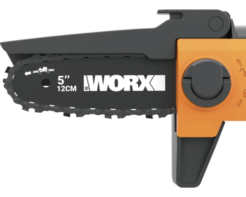 Guide-chaîne et chaîne de tronçonneuse Worx, longueur 12 centimètres, avec Worx Logo et molette de tension.