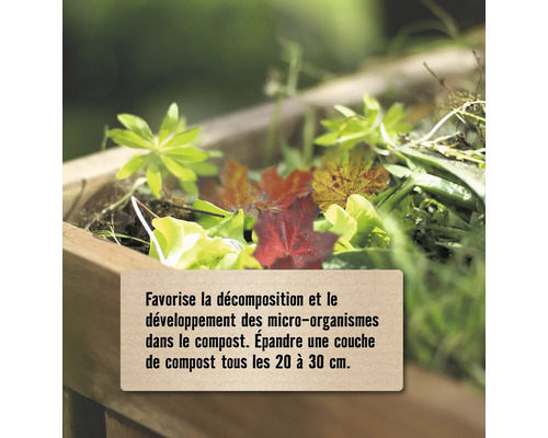 Compost dans un bac en bois avec feuilles et instructions pour favoriser la décomposition et les micro-organismes tous les 20 à 30 centimètres.
