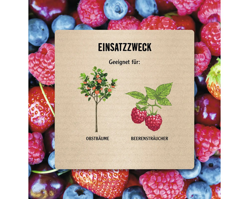 Infografik zum Einsatzzweck: Geeignet für Obstbäume und Beerensträucher, vor einem Hintergrund mit verschiedenen Beeren.