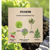 Panneau d'information sur l'utilisation pour arbustes à baies, légumes, arbres et arbustes décoratifs, arbres fruitiers et conifères.
