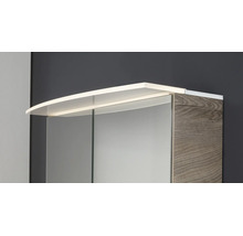 Armoire de toilette avec éclairage LED supérieur et corps aspect bois.