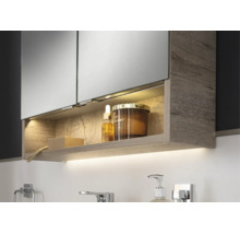 Armoire de toilette moderne avec structure en bois, compartiment éclairé et éclairage indirect sous le meuble dans une salle de bain lumineuse.