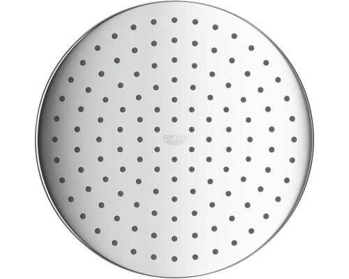 Pomme de douche ronde Grohe avec buses en silicone et Grohe Logo.