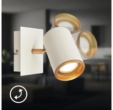 Projecteur mural et plafonnier à trois lampes en métal blanc et doré avec spots orientables et support mural rectangulaire.
