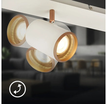 Spot de plafond orientable et inclinable blanc et cuivre pour systèmes de rails. Un symbole indique la mobilité du luminaire.