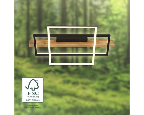 Plafonnier LED moderne avec poutre en bois et deux cadres rectangulaires. Logo FSC. Signe d'une gestion forestière responsable.