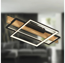 Plafonnier LED moderne avec poutre en bois et deux cadres métalliques rectangulaires noirs superposés.