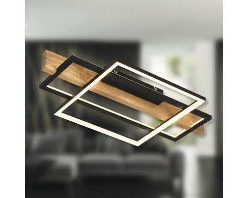 Plafonnier LED moderne avec poutre en bois et deux cadres métalliques rectangulaires noirs superposés.