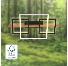 Lampe moderne à diodes électroluminescentes avec poutre en bois et trois cadres carrés, signe de gestion forestière responsable.