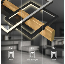 Plafonnier LED avec cadres rectangulaires noirs et couleur bois, montrant trois étapes de commutation : tout allumé, rétroéclairage seul et éteint.