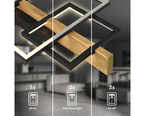 Plafonnier LED avec cadres rectangulaires noirs et couleur bois, montrant trois étapes de commutation : tout allumé, rétroéclairage seul et éteint.