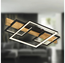 Plafonnier LED moderne avec deux cadres carrés superposés et une poutre en bois.