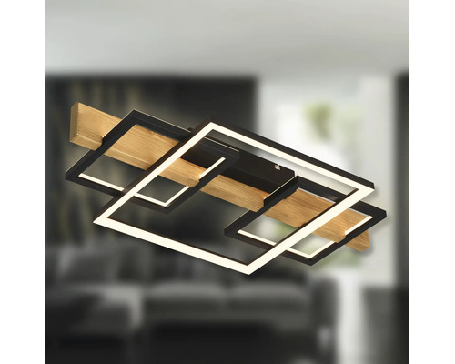 Plafonnier LED moderne avec deux cadres carrés superposés et une poutre en bois.