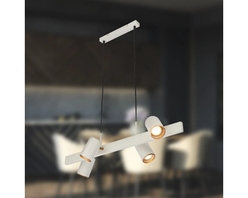 Suspension moderne avec quatre spots orientables sur une barre, montage au plafond, métal.