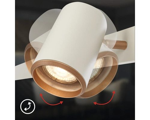 Spot cylindrique orientable avec un boîtier blanc et un bord intérieur doré, illustrant la fonction de pivotement.