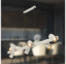 Suspension moderne avec six spots orientables, finition blanche avec accents aspect bois, suspendue par deux câbles.