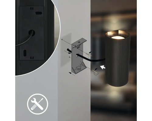 Schéma technique de l'installation d'une applique murale cylindrique avec support, vis, câble et symbole de montage.