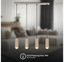 Suspension à 4 lampes avec abat-jour cylindriques rainurés et douilles GU10 pour maximum 9 Watts.