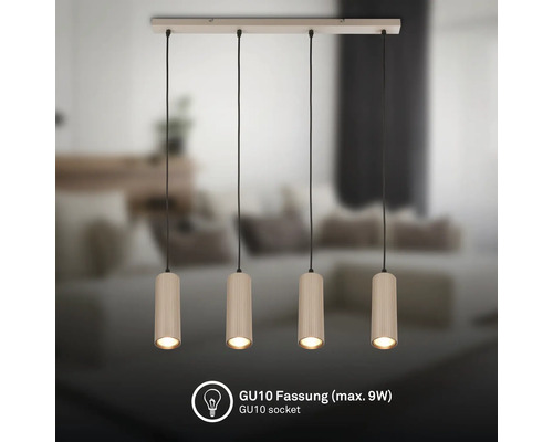 Suspension à 4 lampes avec abat-jour cylindriques rainurés et douilles GU10 pour maximum 9 Watts.