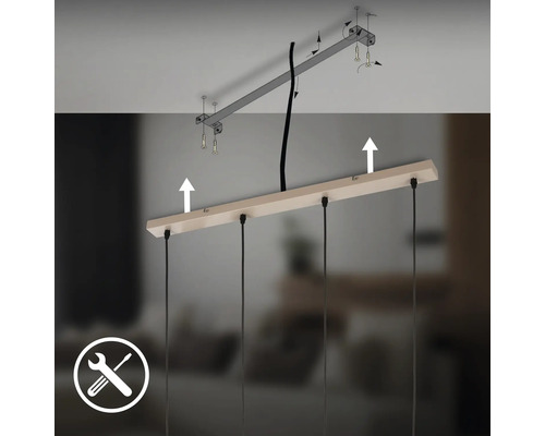 Illustration du montage au plafond d'une suspension à plusieurs lampes avec instructions de montage.