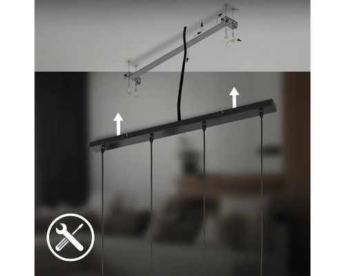 Instructions de montage pour une suspension montrant l'installation au plafond avec support et vis.