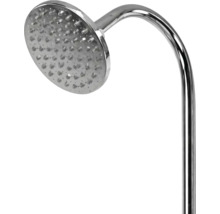 Runder Duschkopf mit gebogenem Duscharm aus Metall.