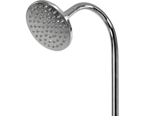 Runder Duschkopf mit gebogenem Duscharm aus Metall.