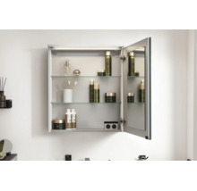 Armoire de toilette dans la salle de bains avec éclairage, porte ouverte, tablettes en verre et prise intégrée, garnie de produits de soin.