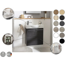 Wandhängender Waschtischunterschrank mit zwei Türen, Keramikwaschbecken, verschiedenen Holzdekoren, hergestellt in Deutschland.