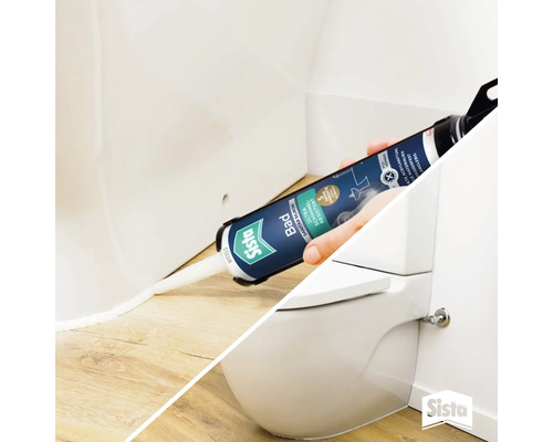 Application de silicone sanitaire blanc Sista Bain pour l'étanchéité du joint entre un WC suspendu et le sol.