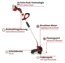 Faux sans fil Einhell, moteur sans balais, 36 Volts, largeur de coupe de 35 centimètres, régulateur de vitesse, protège-plantes et bobine à fil.