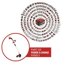 Aperçu du système de batterie Einhell Power X-Change avec coupe-bordures sans fil et divers outils et équipements de jardin compatibles.
