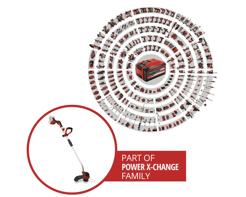 Aperçu du système de batterie Einhell Power X-Change avec coupe-bordures sans fil et divers outils et équipements de jardin compatibles.