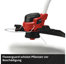 Coupe-bordures avec étrier de protection pour protéger les fleurs et les plantes du fil de coupe.