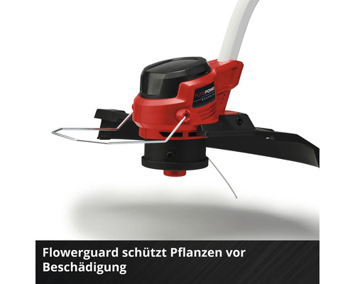 Coupe-bordures avec étrier de protection pour protéger les fleurs et les plantes du fil de coupe.