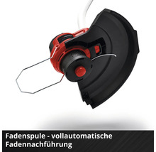 Tête de coupe-bordure avec bobine de fil, avance automatique du fil, capot de protection et étrier de protection des plantes.