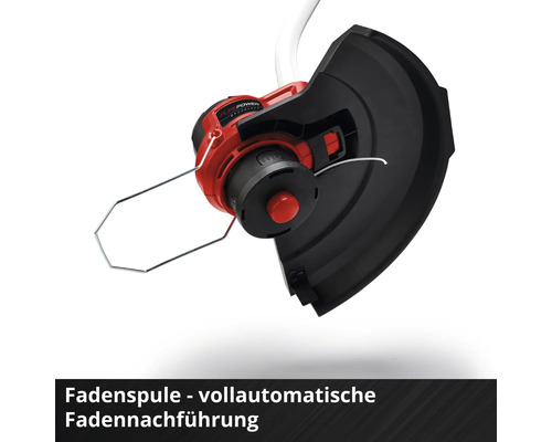 Tête de coupe-bordure avec bobine de fil, avance automatique du fil, capot de protection et étrier de protection des plantes.