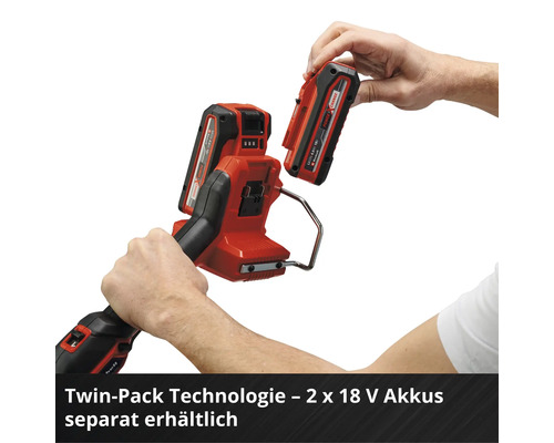 Outil Einhell avec technologie Twin-Pack pour deux batteries de 18 Volt, vendues séparément.
