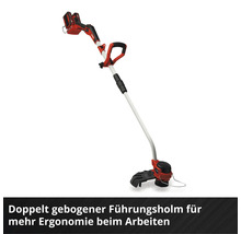 Coupe-bordures sans fil avec manche à double courbure pour un travail ergonomique.