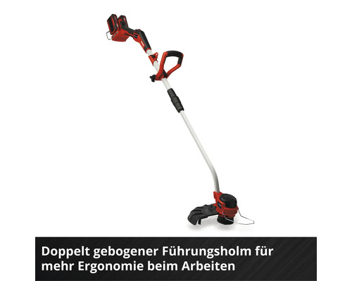 Coupe-bordures sans fil avec manche à double courbure pour un travail ergonomique.