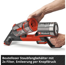 Aspirateur sans fil Einhell avec Einhell Logo, collecteur de poussière sans sac amovible et deux filtres pour un vidage facile.