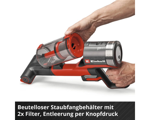 Aspirateur sans fil Einhell avec Einhell Logo, collecteur de poussière sans sac amovible et deux filtres pour un vidage facile.