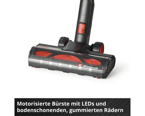 Brosse motorisée Einhell avec éclairage LED et roues gommées respectueuses du sol.