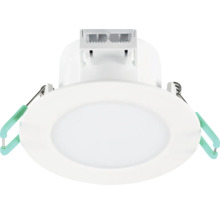 Runder LED-Einbaustrahler mit weißem Rahmen, diffuser Abdeckung und Klemmfedern für die Deckenmontage.
