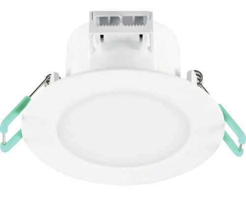 Runder LED-Einbaustrahler mit weißem Rahmen, diffuser Abdeckung und Klemmfedern für die Deckenmontage.