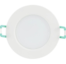 Runde LED-Einbauleuchte mit weißem Rahmen und Diffusor sowie seitlichen Montageklammern.