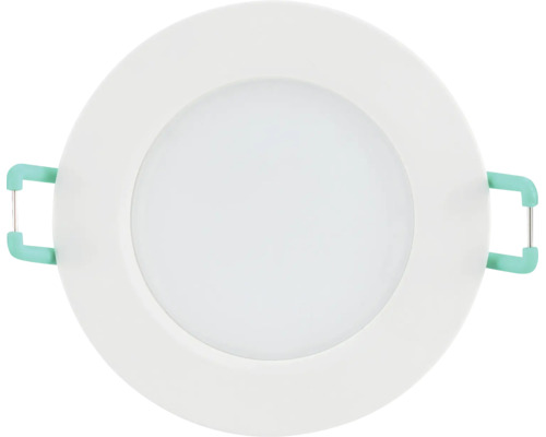 Runde LED-Einbauleuchte mit weißem Rahmen und Diffusor sowie seitlichen Montageklammern.