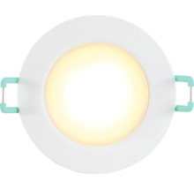 Runde, weiße LED Einbauleuchte mit warmweißem Licht und seitlichen Montagefedern.